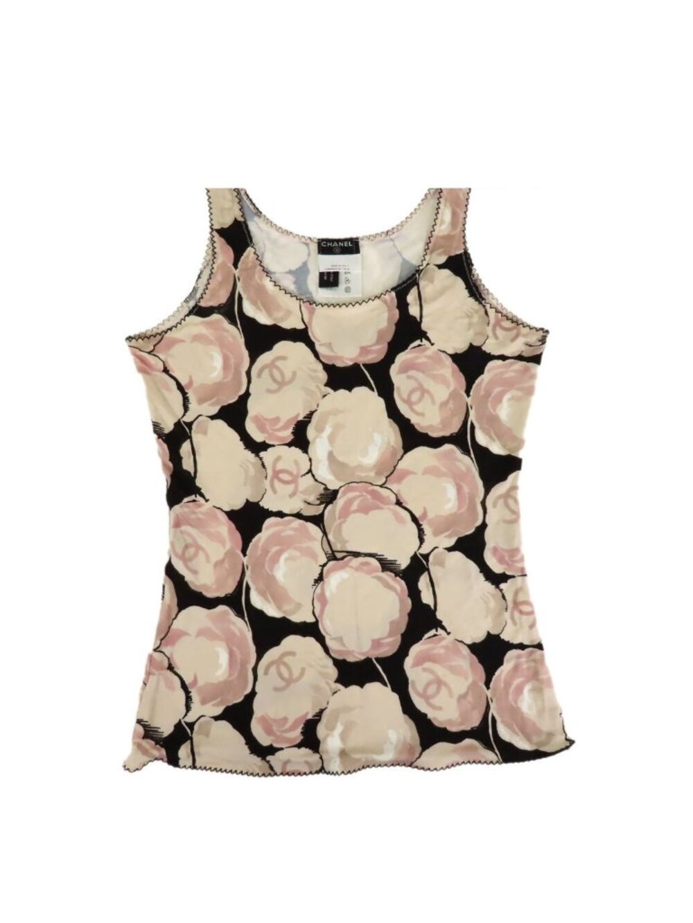 Chanel Sheer Tank Top Beige Black Rayon Camellia CC Logo 04A Top 38